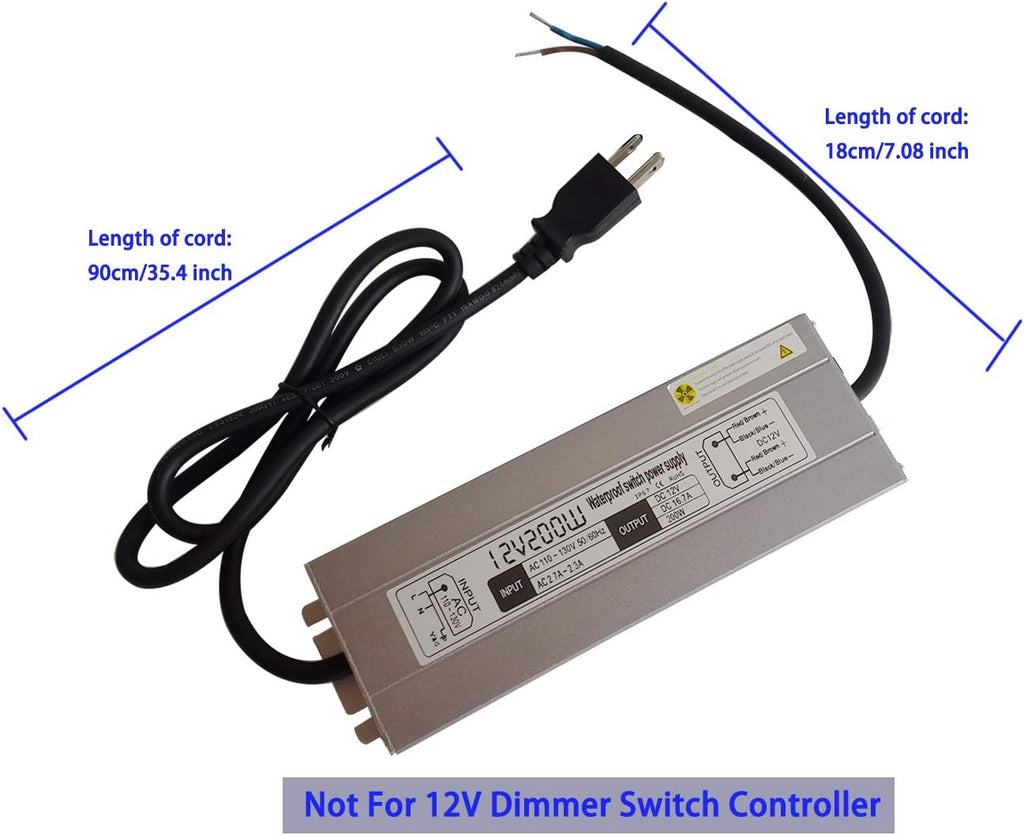 200W Waterproof Power Supply Transformer, 110-130V AC to 12V DC Output 16.7A Adapter with 3 Feet Cable U22535