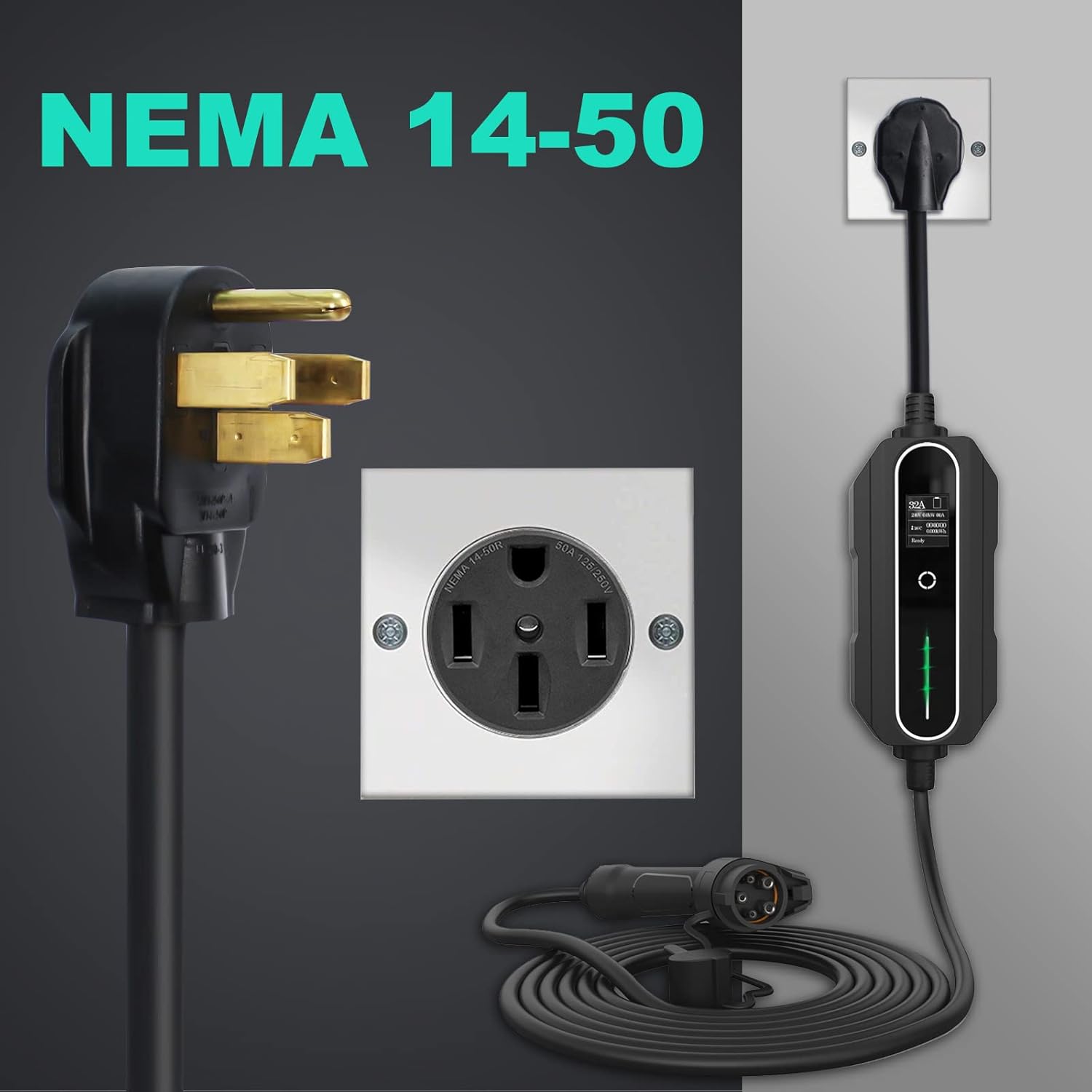 Portable EV Charger with NEMA 14-50, 25ft, Adjustable Current J876