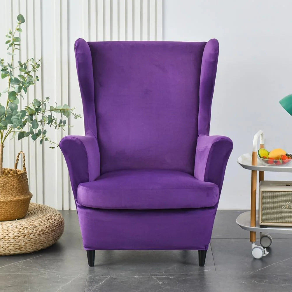 Purple Velvet Stretch Wingback Chair Sofa Slipcover with Elastic Bottom Y346958