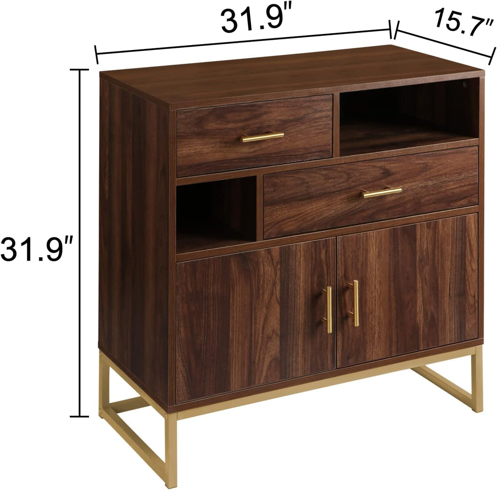 Walnut Wood 2 Doors Accent Storage Cabinet with Drawers and Shelves O6741