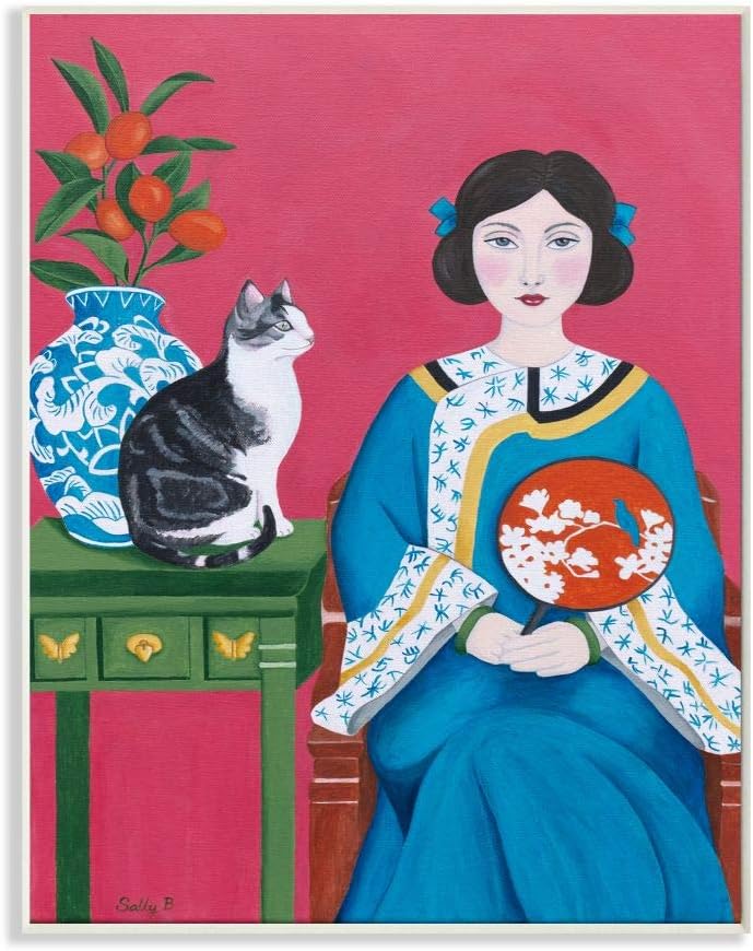 Red Green Blue Chinese Woman and Cat Painting, 24 x 30, Black Framed Wall Art I801746