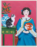Red Green Blue Chinese Woman and Cat Painting, 24 x 30, Black Framed Wall Art I801746