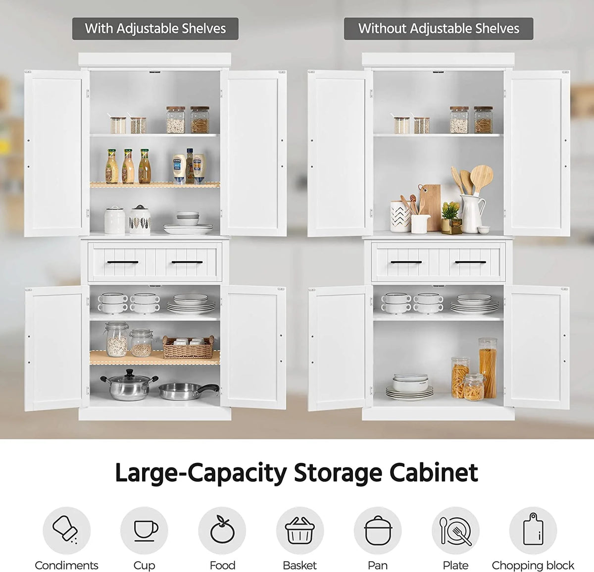 White Freestanding Kitchen Pantry Storage Cabinet with Drawer and 2 Adjustable Shelves V842852