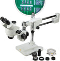 Simul-Focal Trinocular Stereo Zoom Microscope with WH10x Eyepieces, 0.7X-4.5X Objective, LED Ring Light, Double Arm Boom Stand, 0.5X and 2.0X Barlow Lens R69913