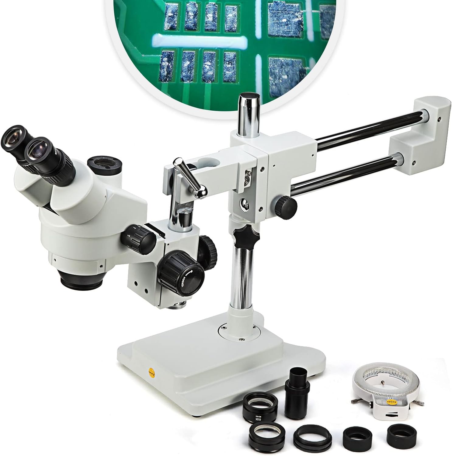 Simul-Focal Trinocular Stereo Zoom Microscope with WH10x Eyepieces, 0.7X-4.5X Objective, LED Ring Light, Double Arm Boom Stand, 0.5X and 2.0X Barlow Lens R69913