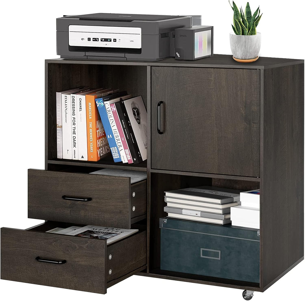Dark Brown Mobile Lateral File Cabinet with 2 Drawers and Storage Door X2234