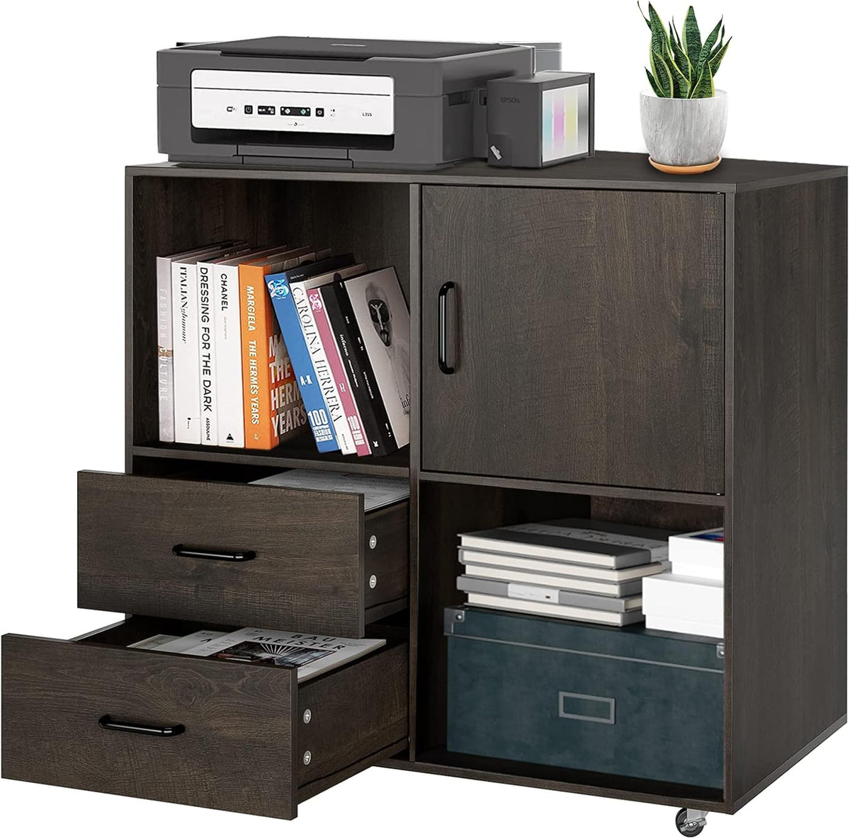 Dark Brown Mobile Lateral File Cabinet with 2 Drawers and Storage Door X2234