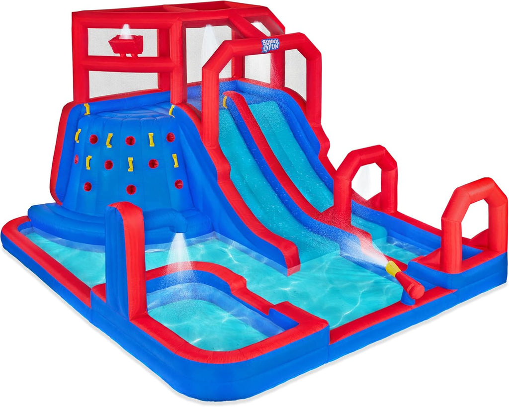 Inflatable Water Slide Park with Climbing Wall, 2 Slides, Pool, Air Pump & Carrying Case O163128