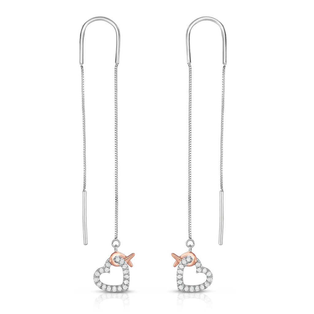 1/5 Cttw Diamond Pink Ribbon and Heart Dangle Threader Earrings in Rhodium Plated Sterling Silver L5076