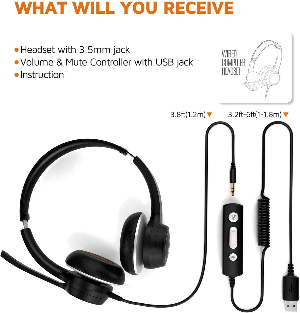 USB Headset with Noise Canceling Microphone, 3.5mm Wired, On-Ear J399