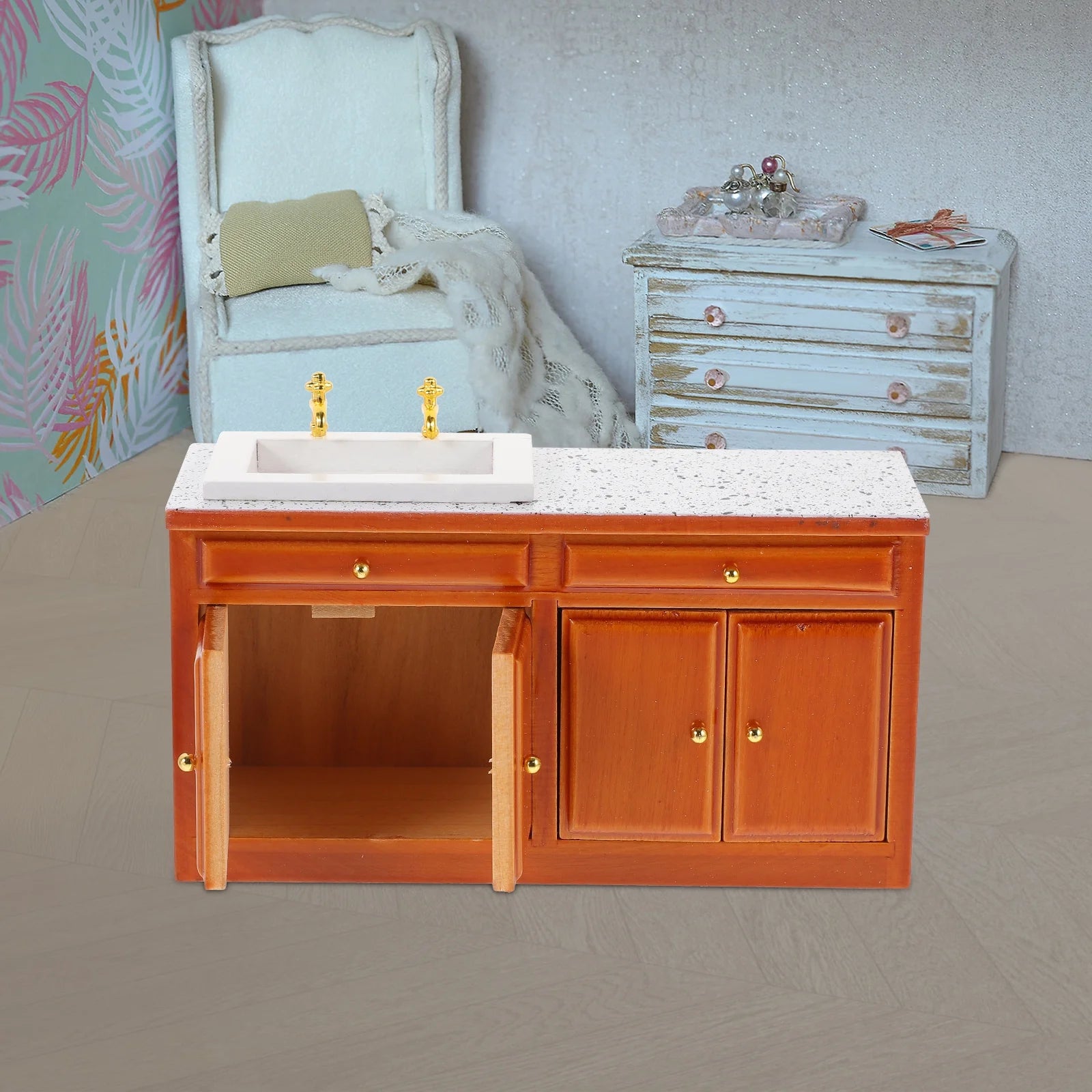 Vintage Mini Wood Dollhouse Sink Furniture Decor Y931