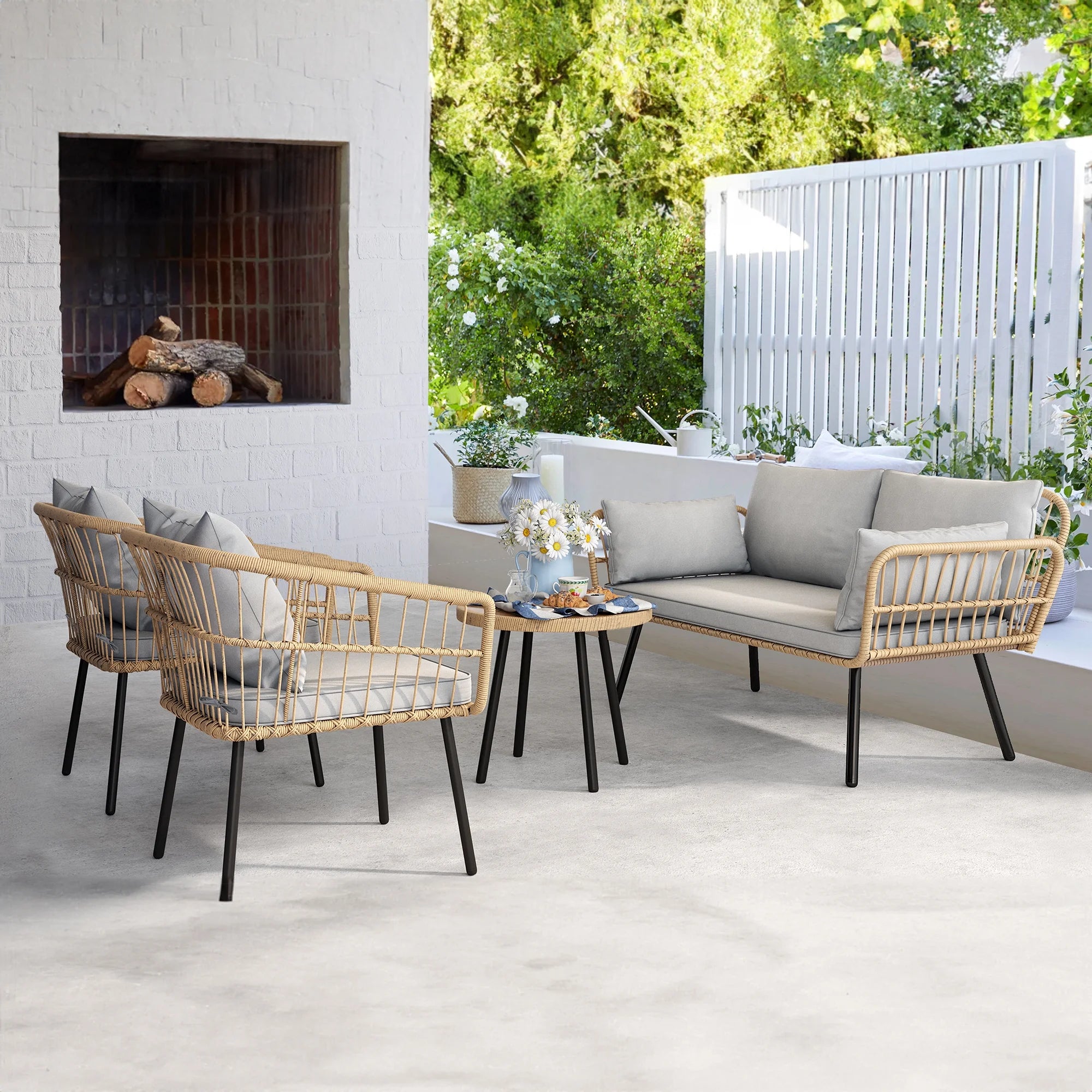 Gray 4 Piece Wicker Patio Furniture Set with Cushions G2302