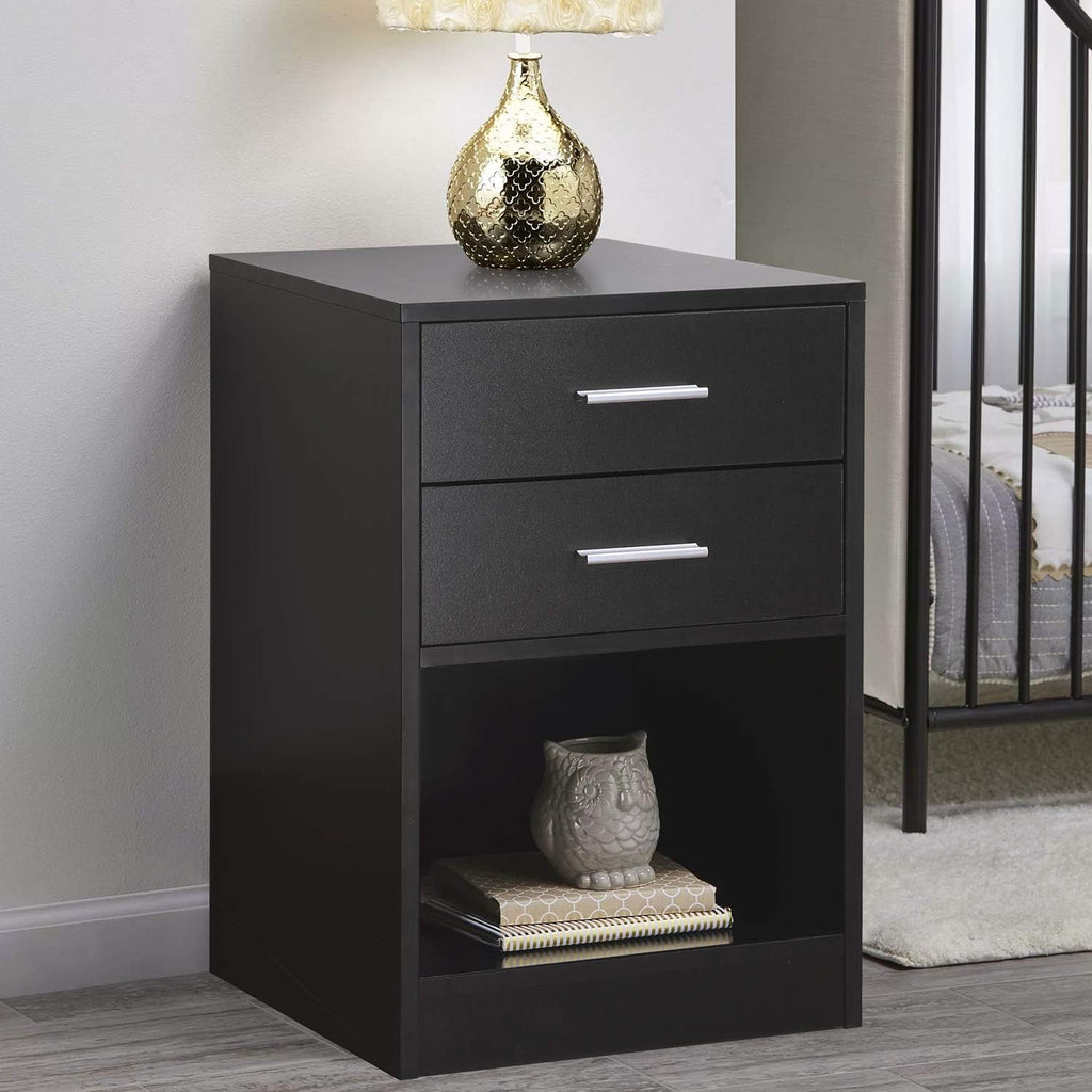 Black Double Drawer Nightstand with Shelf W812