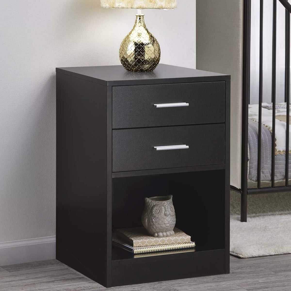 Black Double Drawer Nightstand with Shelf W812