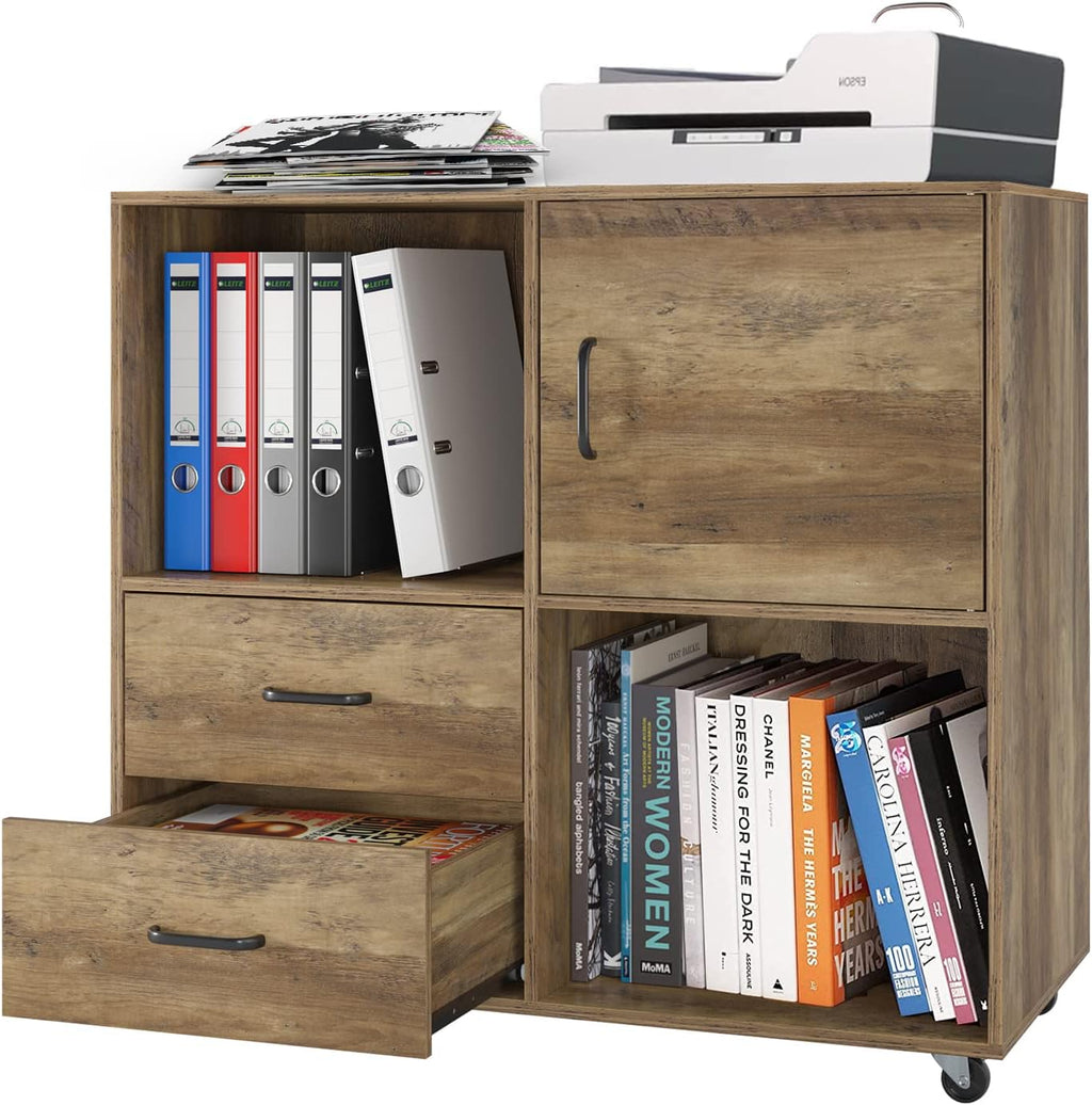 Dark Brown Mobile Lateral File Cabinet with 2 Drawers and Storage Door X2234