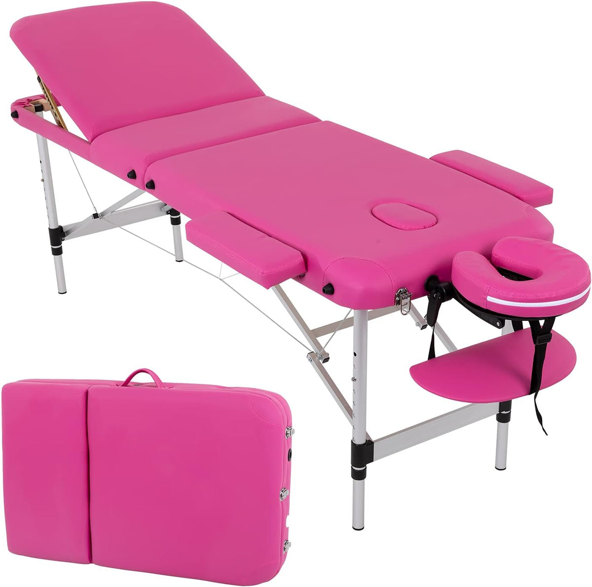 Portable 3 Folding 73 Inch Height Adjustable Aluminium Massage Table with Carry Case (Black) Z868175