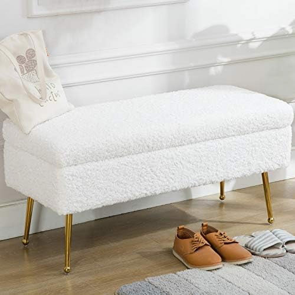 Blue Floral Faux Fur Upholstered Bench with Gold Chrome Metal Legs V7798