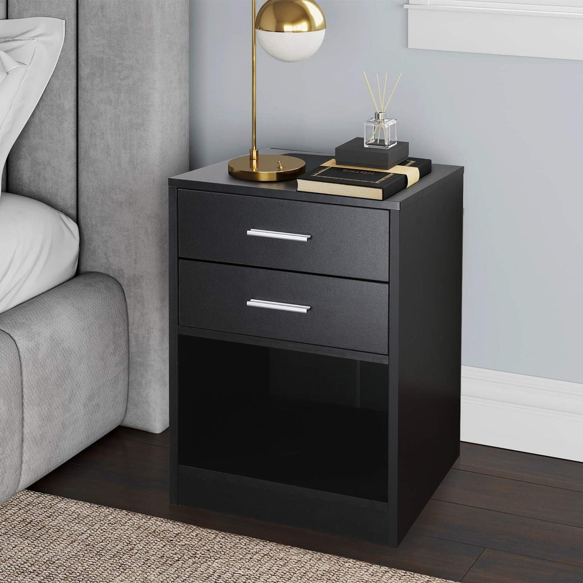 Black Double Drawer Nightstand with Shelf W812