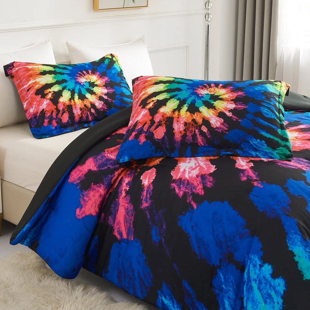 Tie Dye Reversible Comforter Set, Full/Queen Size, 3 Pieces, Blue Black Purple R105