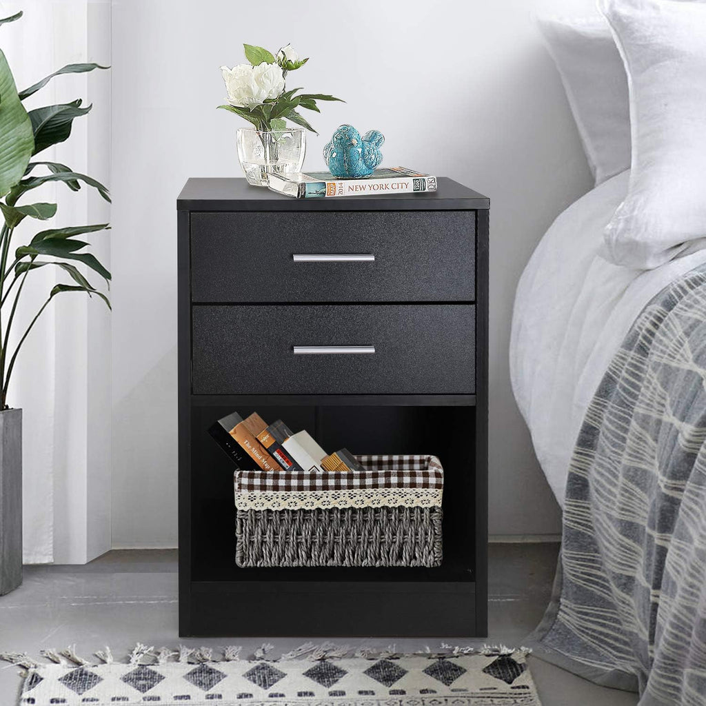 Black Double Drawer Nightstand with Shelf W812