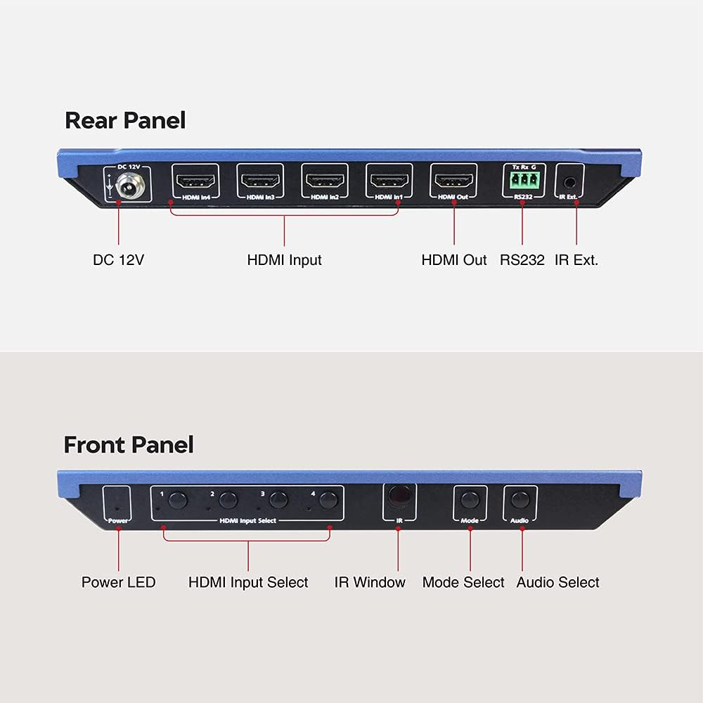 4x1 4K HDMI Multiviewer Switch Screen Divider with Seamless Switching, 4K/1080p HDMI Out, Split Screen, IR Extension Remote + RS232 Control T4491