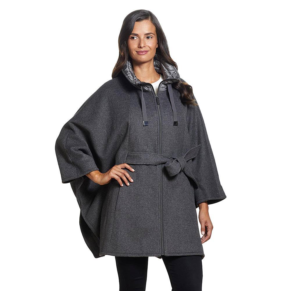 Modern Cape with Zip Front and Quilted Collar, Melange Gray, Size Large U974