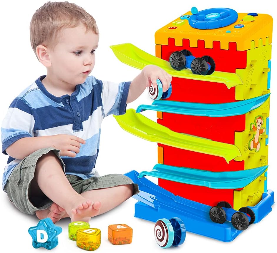 Garage Track Set Toy with 6 Cars & 1 Helicopter, 3-Level Race Track, Pack of 2 G36412