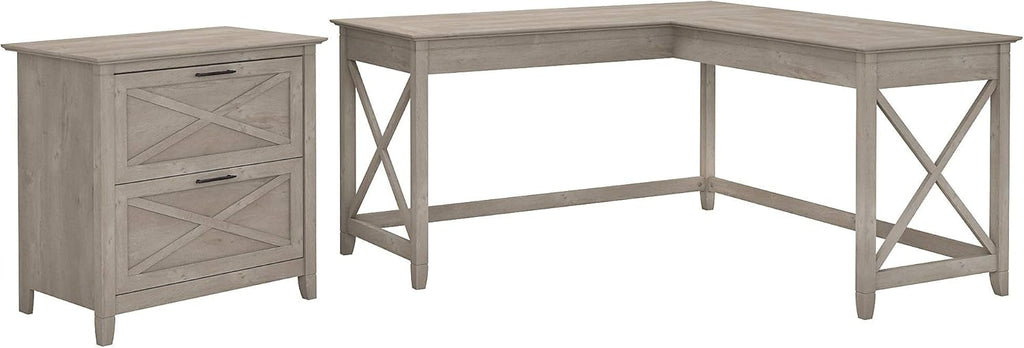 60W L Shaped Desk with Lateral File Cabinet in Washed Gray O73586