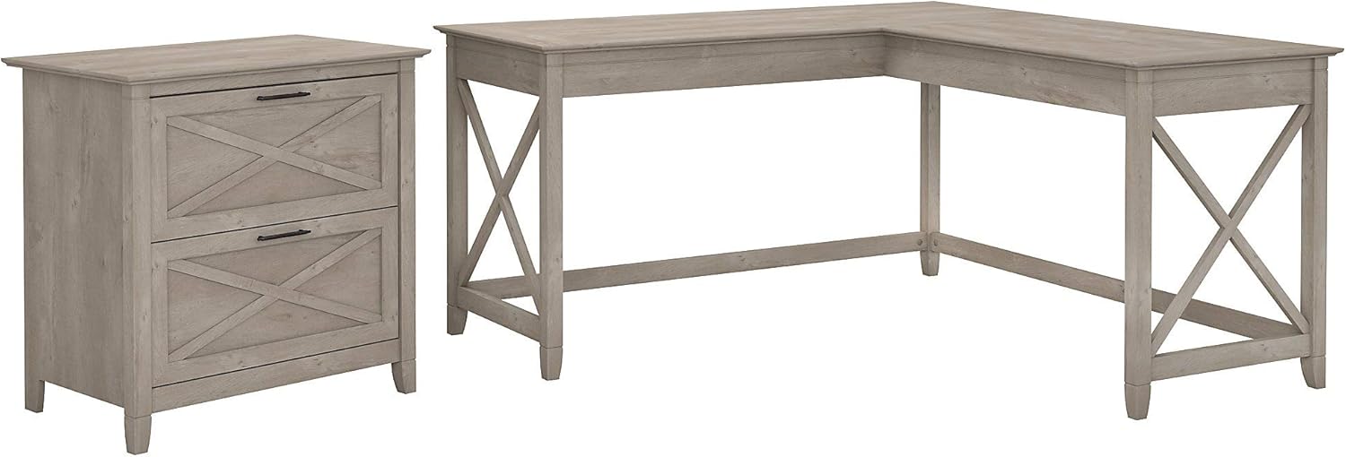 60W L Shaped Desk with Lateral File Cabinet in Washed Gray O73586