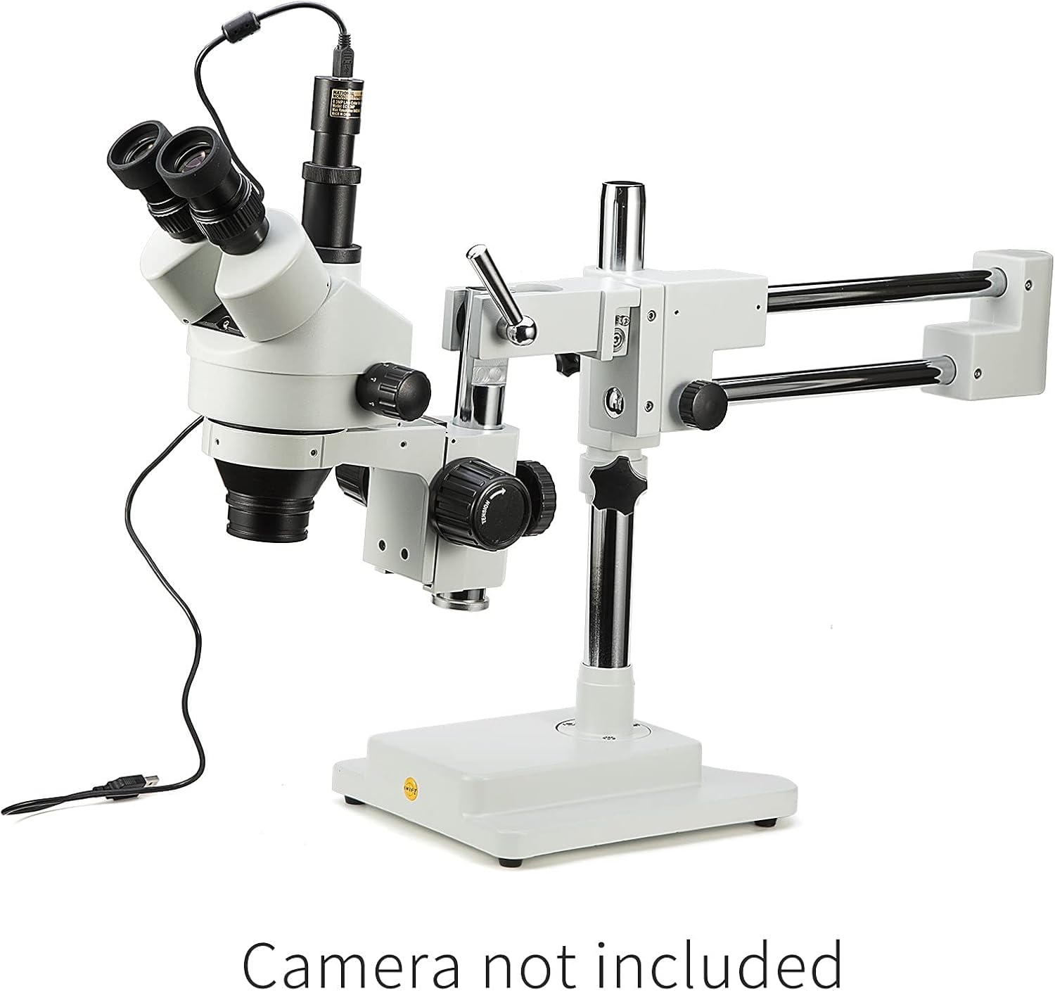 Simul-Focal Trinocular Stereo Zoom Microscope with WH10x Eyepieces, 0.7X-4.5X Objective, LED Ring Light, Double Arm Boom Stand, 0.5X and 2.0X Barlow Lens R69913
