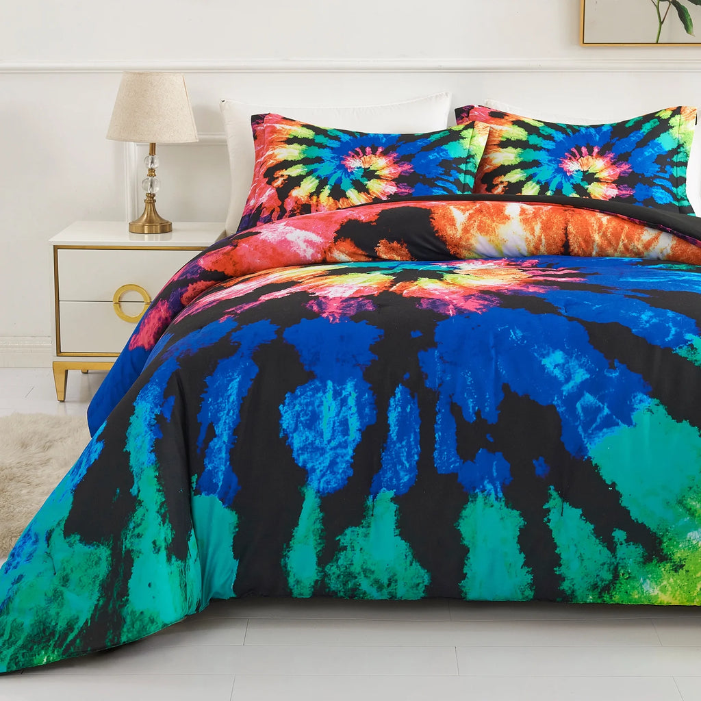 Tie Dye Reversible Comforter Set, Full/Queen Size, 3 Pieces, Blue Black Purple R105