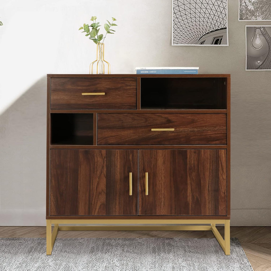 Walnut Wood 2 Doors Accent Storage Cabinet with Drawers and Shelves O6741