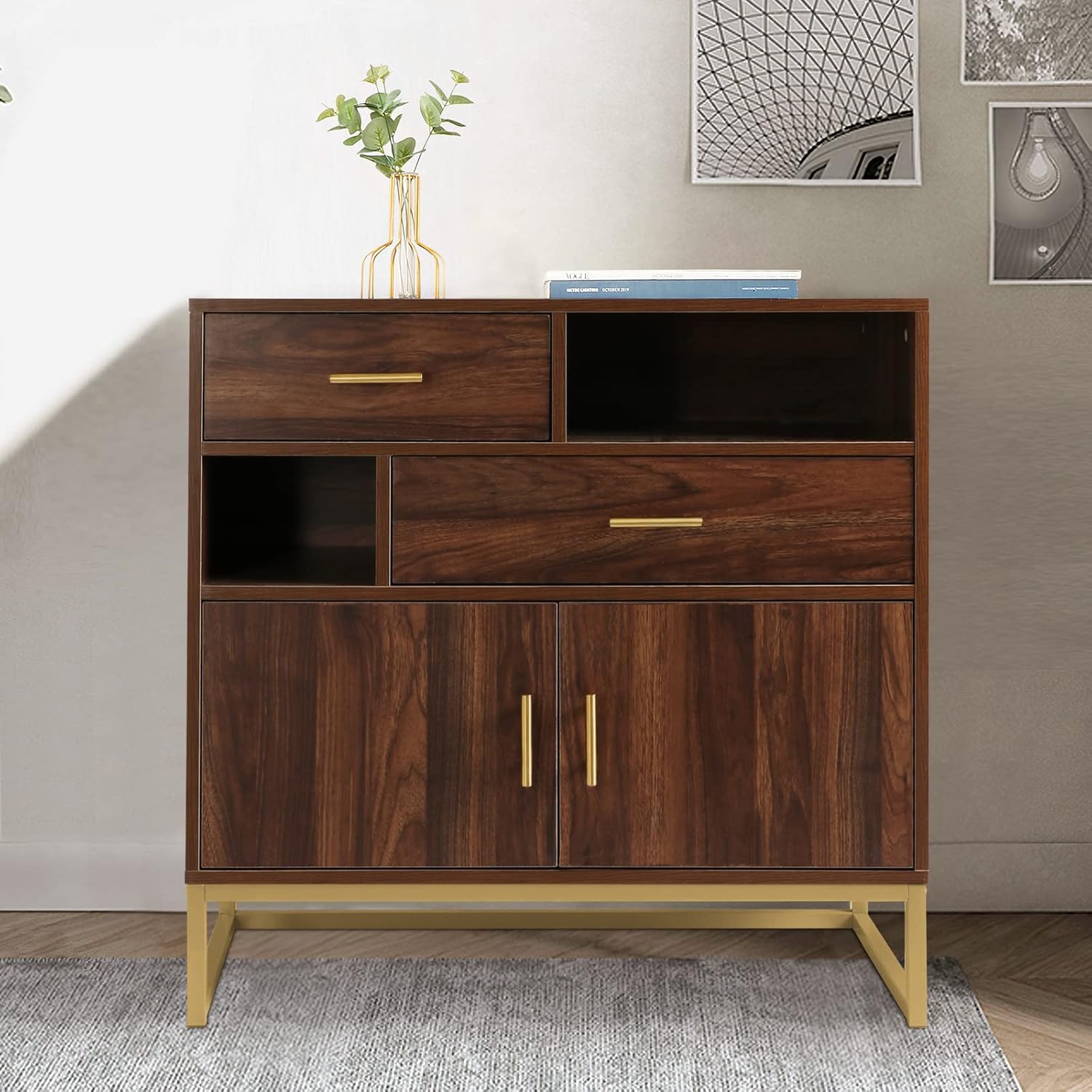 Walnut Wood 2 Doors Accent Storage Cabinet with Drawers and Shelves O6741