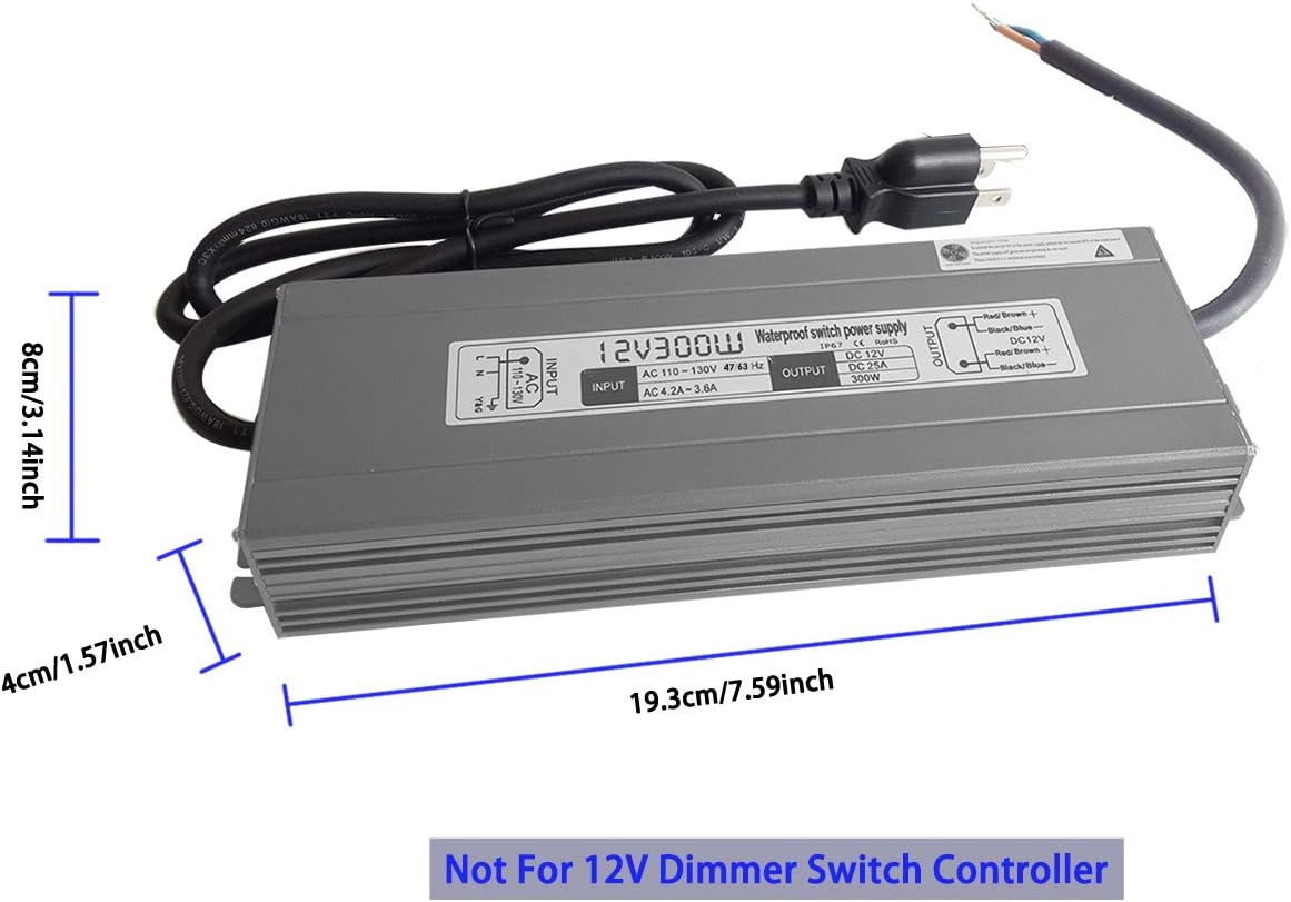 200W Waterproof Power Supply Transformer, 110-130V AC to 12V DC Output 16.7A Adapter with 3 Feet Cable U22535