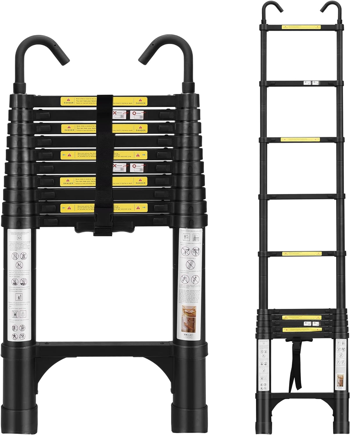 Telescoping Ladder 10.5 FT Aluminum with 2 Detachable Roof Hooks and 2 Triangle Stabilizers K831300