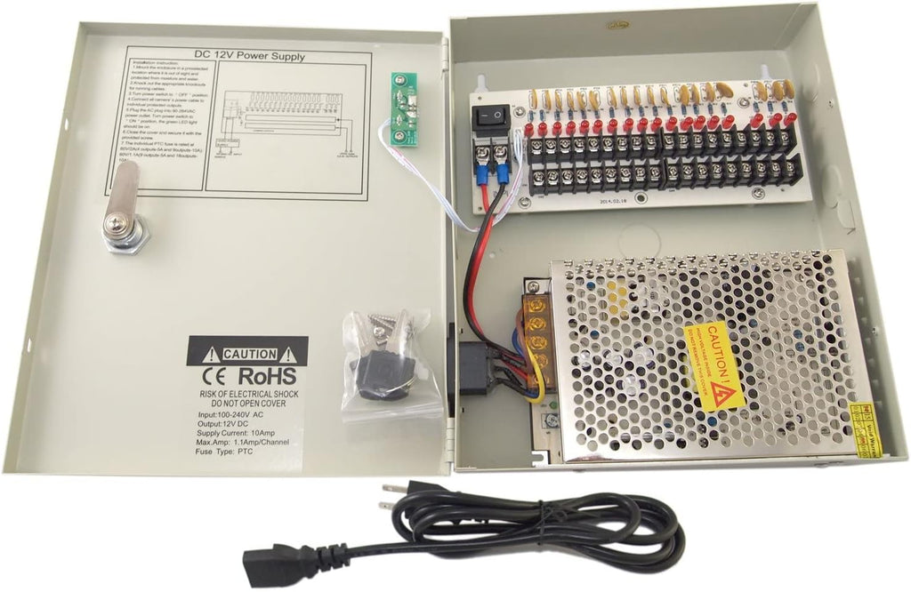 16 Channel 12 Volt DC Output CCTV Power Supply Box with 18 Pcs DC Male Pigtail E82392