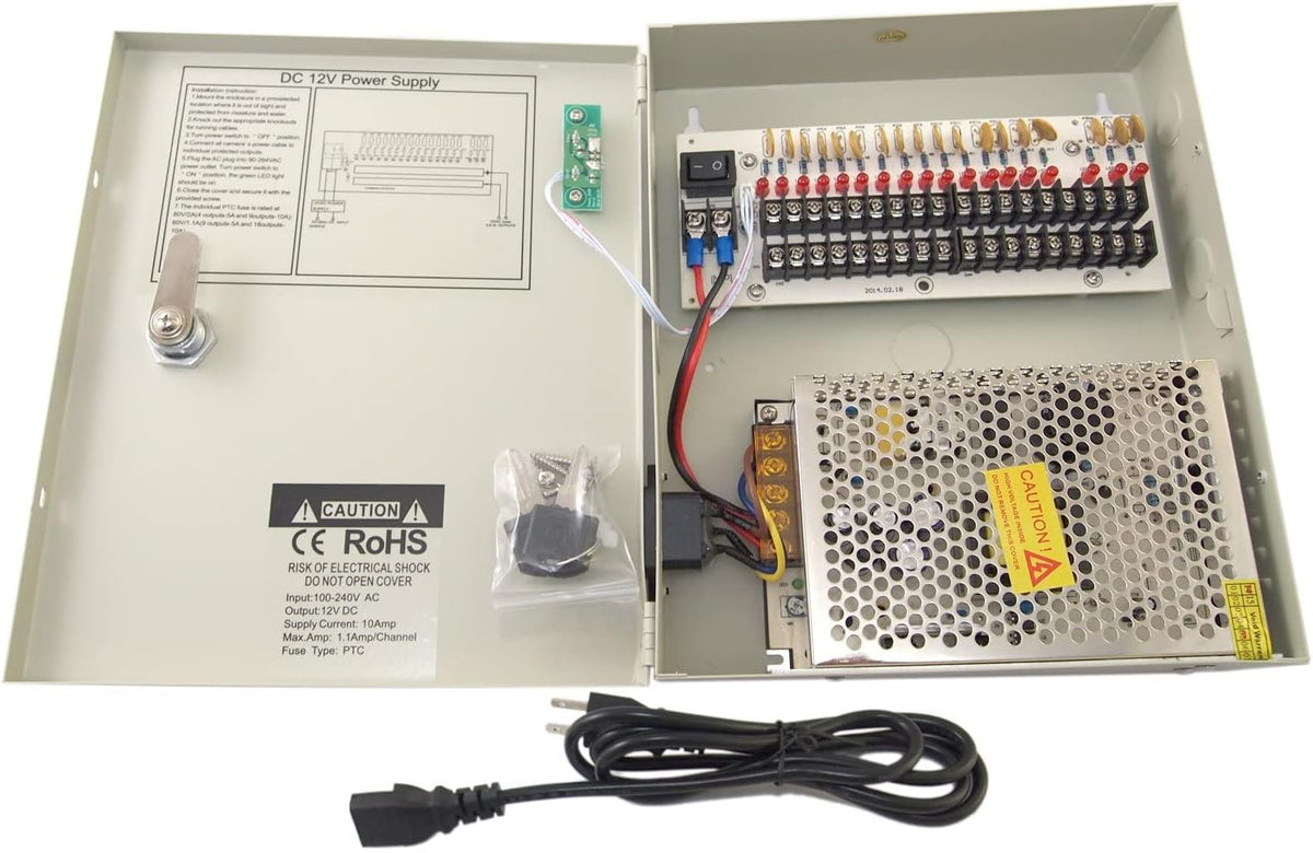 16 Channel 12 Volt DC Output CCTV Power Supply Box with 18 Pcs DC Male Pigtail E82392