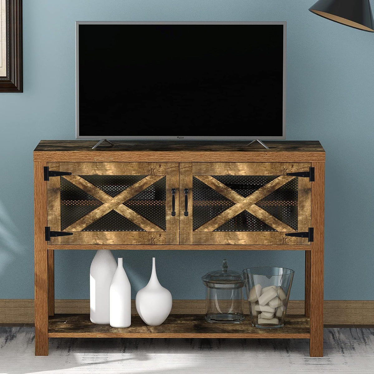 Rustic Console Table with Storage Cabinets and Bottom Shelf U126448