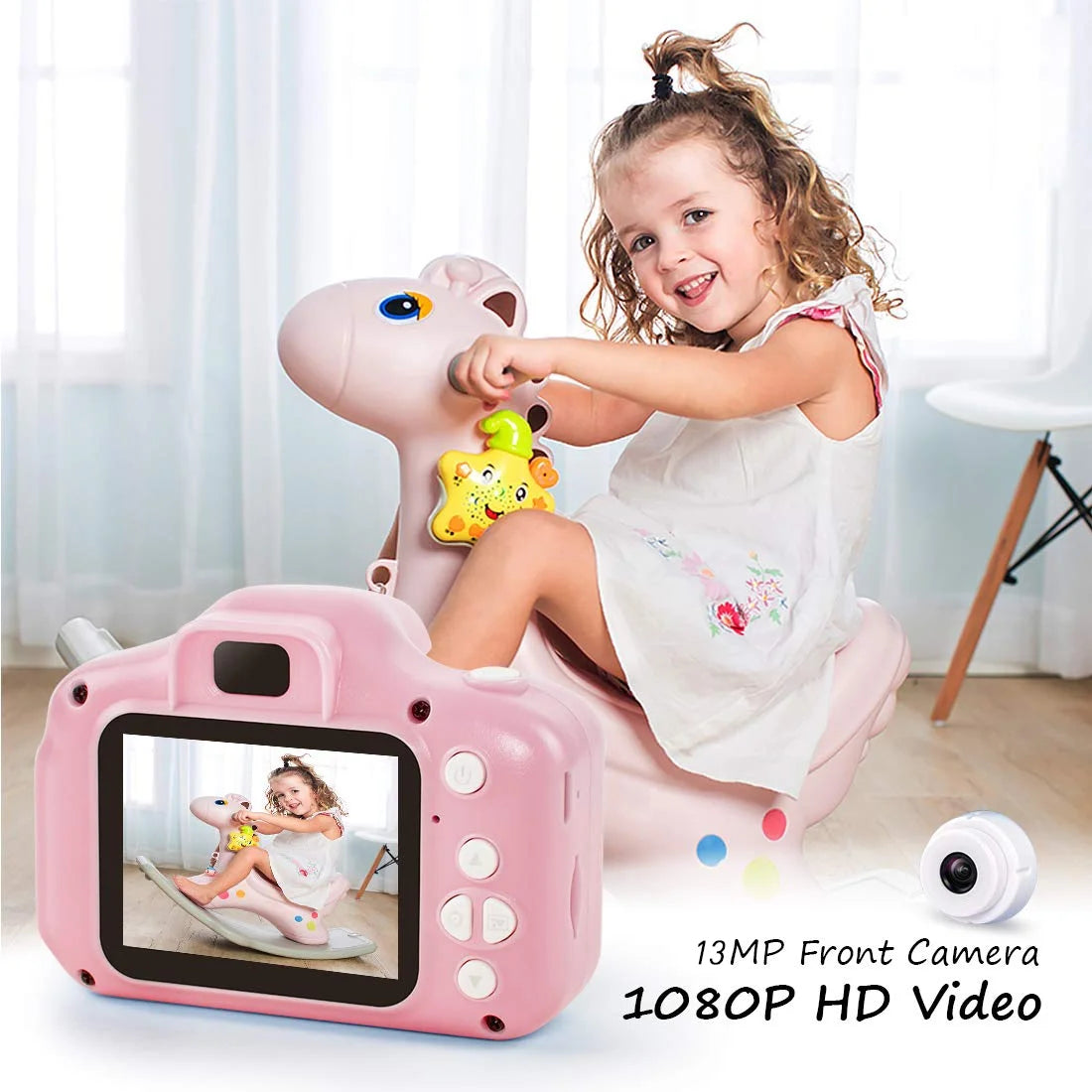 Pink 13MP 1080P Rechargeable Children's Toy Camera with 16G TF Card X53056