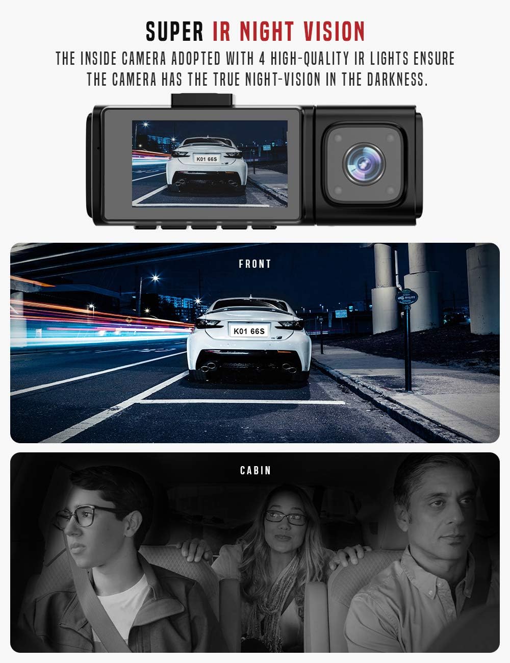 3 Channel Full HD 1080P Dash Camera with IR Night Vision, 2.45 Inch IPS Screen, Pack of 2 B45017