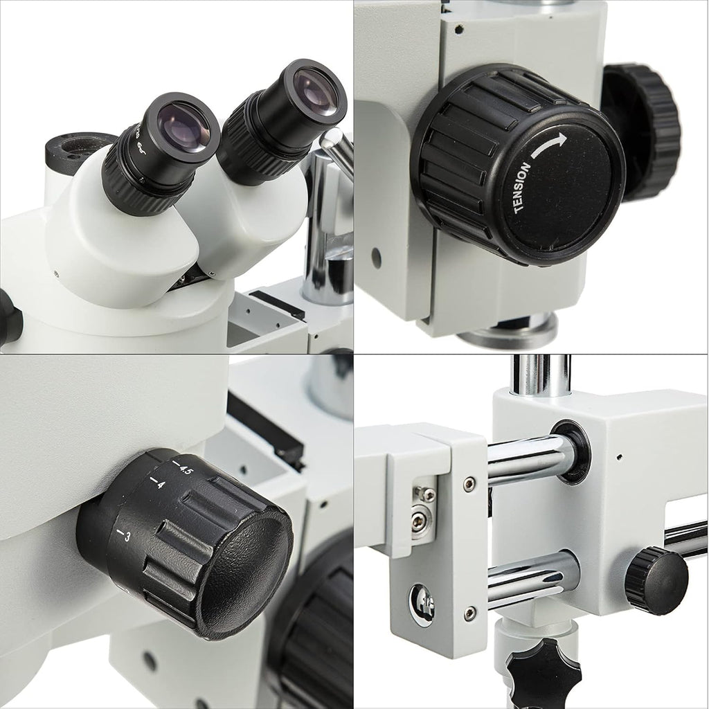 Simul-Focal Trinocular Stereo Zoom Microscope with WH10x Eyepieces, 0.7X-4.5X Objective, LED Ring Light, Double Arm Boom Stand, 0.5X and 2.0X Barlow Lens R69913