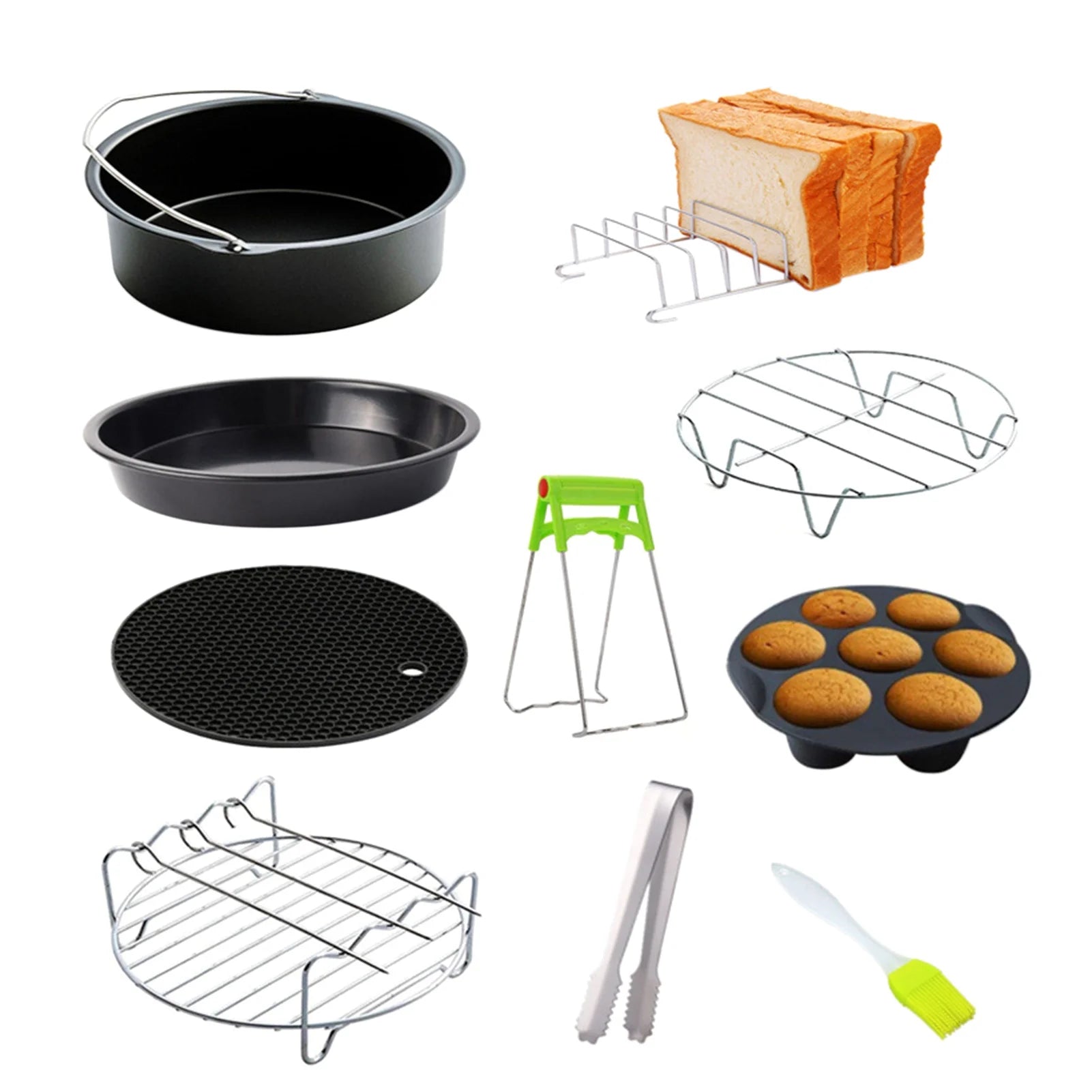 10Pcs Air Fryer Accessory Kit with Frying Pan Rack Pizza Tray Cupcake Mould Set I19380