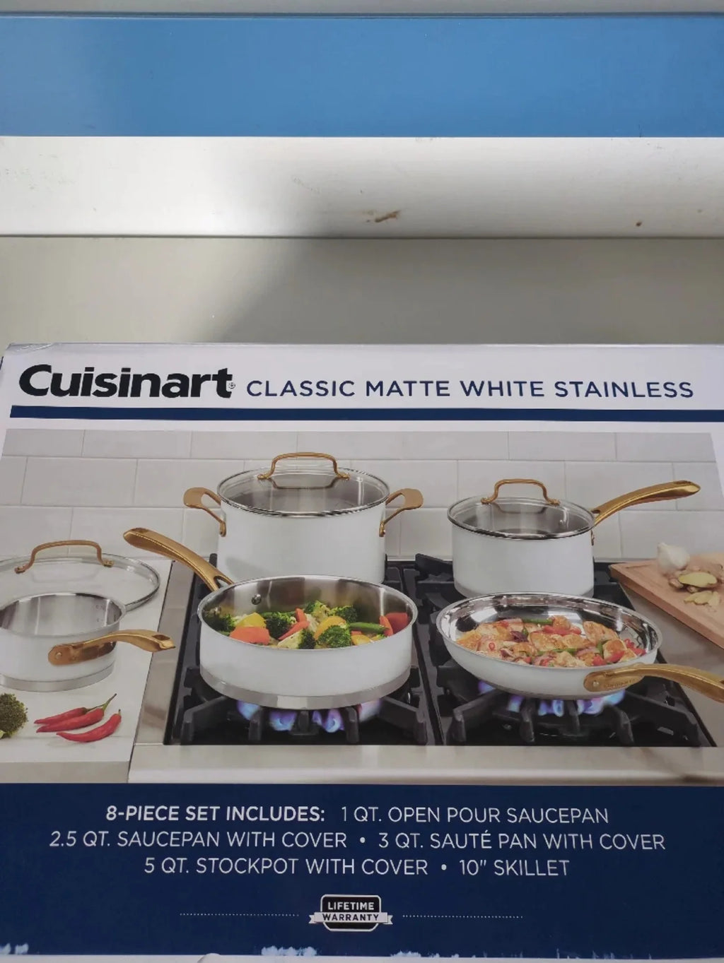 8pc Stainless Steel Cookware Set with Brushed Gold Handles Matte White L606368
