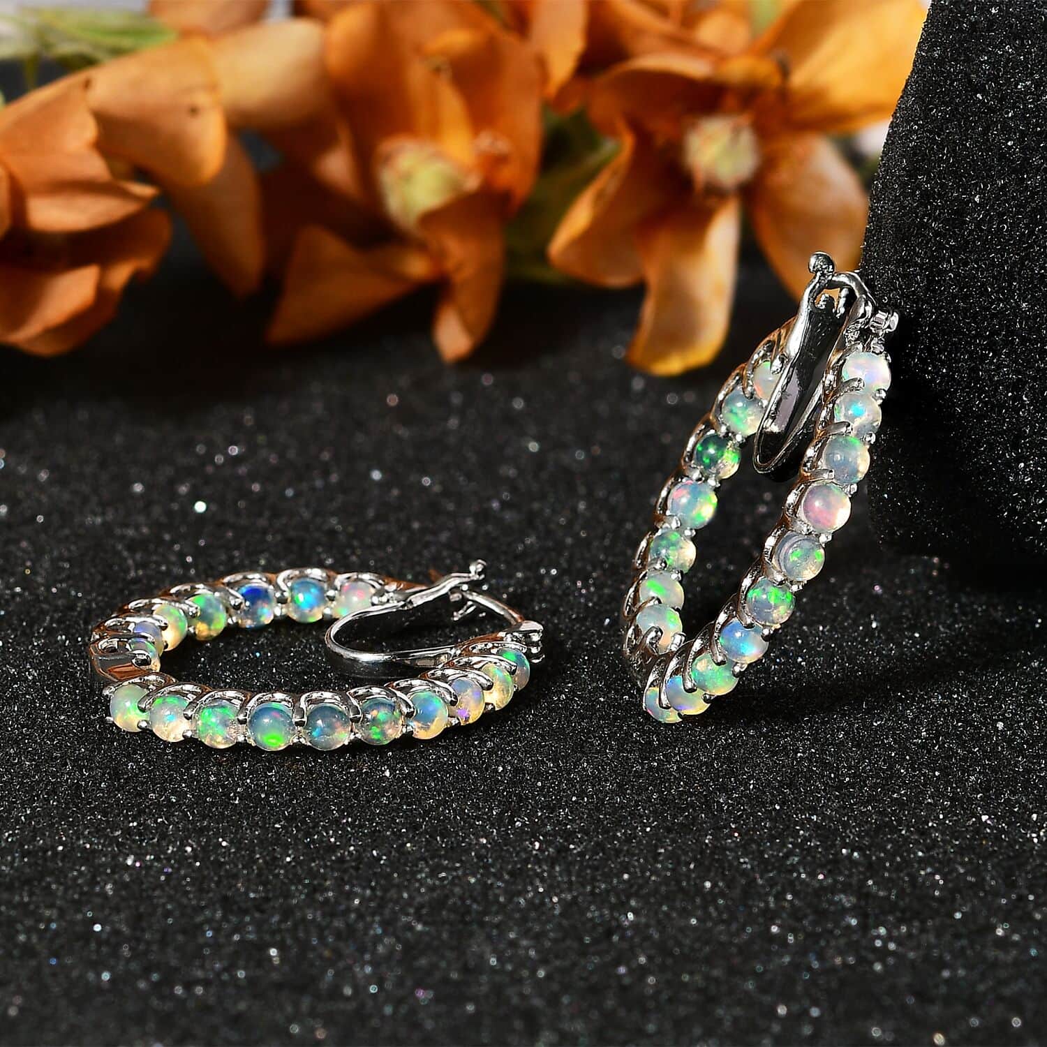 Opal Round 925 Sterling Silver Platinum Plated Inside Out Hoop Earrings Ct 2.13 D18462
