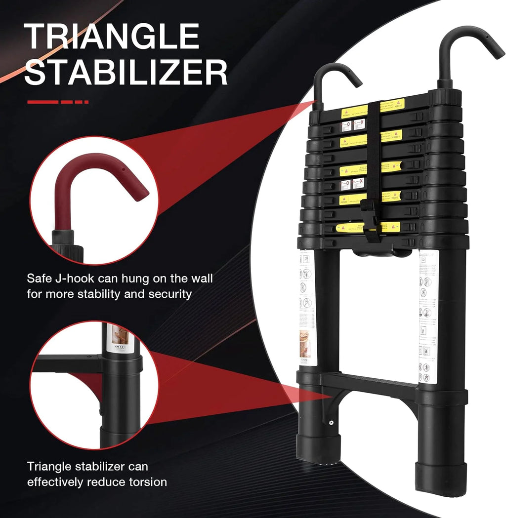 Telescoping Ladder 10.5 FT Aluminum with 2 Detachable Roof Hooks and 2 Triangle Stabilizers K831300