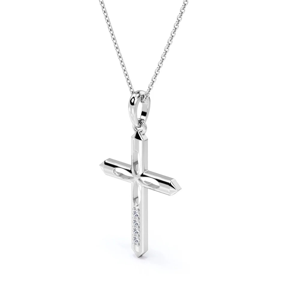 4-Petal Pencil Diamond Mini-Pave Pendant Necklace in 18K White Gold Plating over Silver A34878