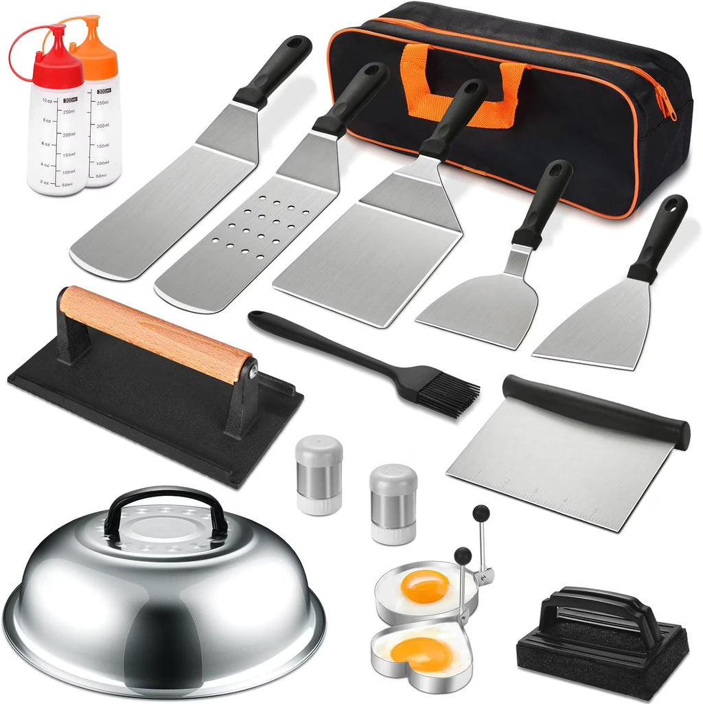 17PCS Flat Top Grill Accessories Set with Spatulas, Basting Cover, Scraper H92444