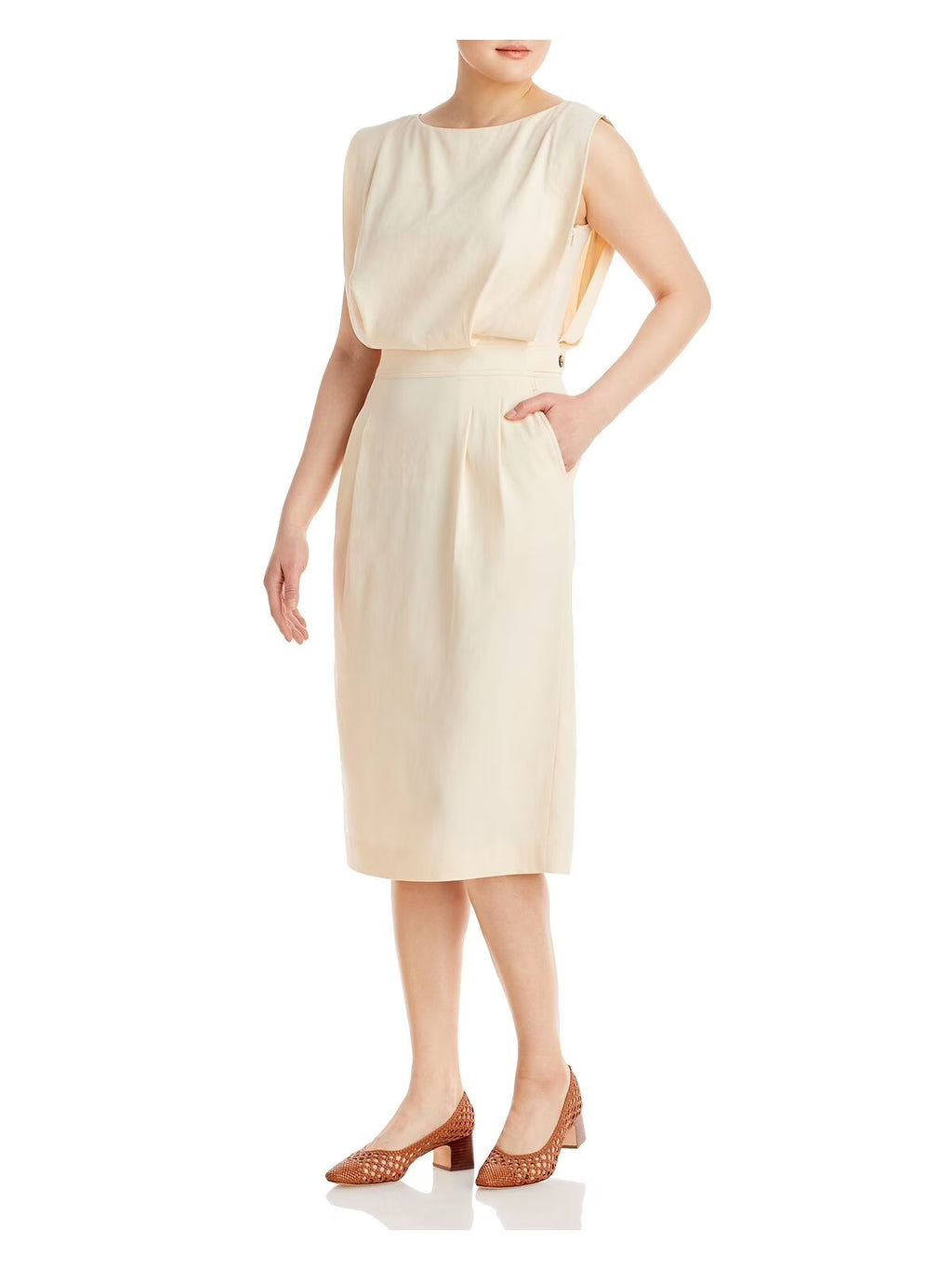 Beige Sleeveless Boat Neck Blouson Dress P264