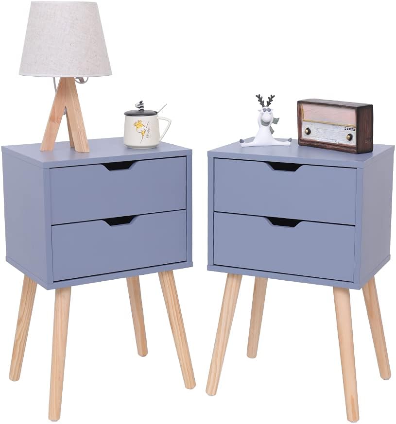 White&Natural 2 Drawer Nightstand with Solid Wood Legs Z6585