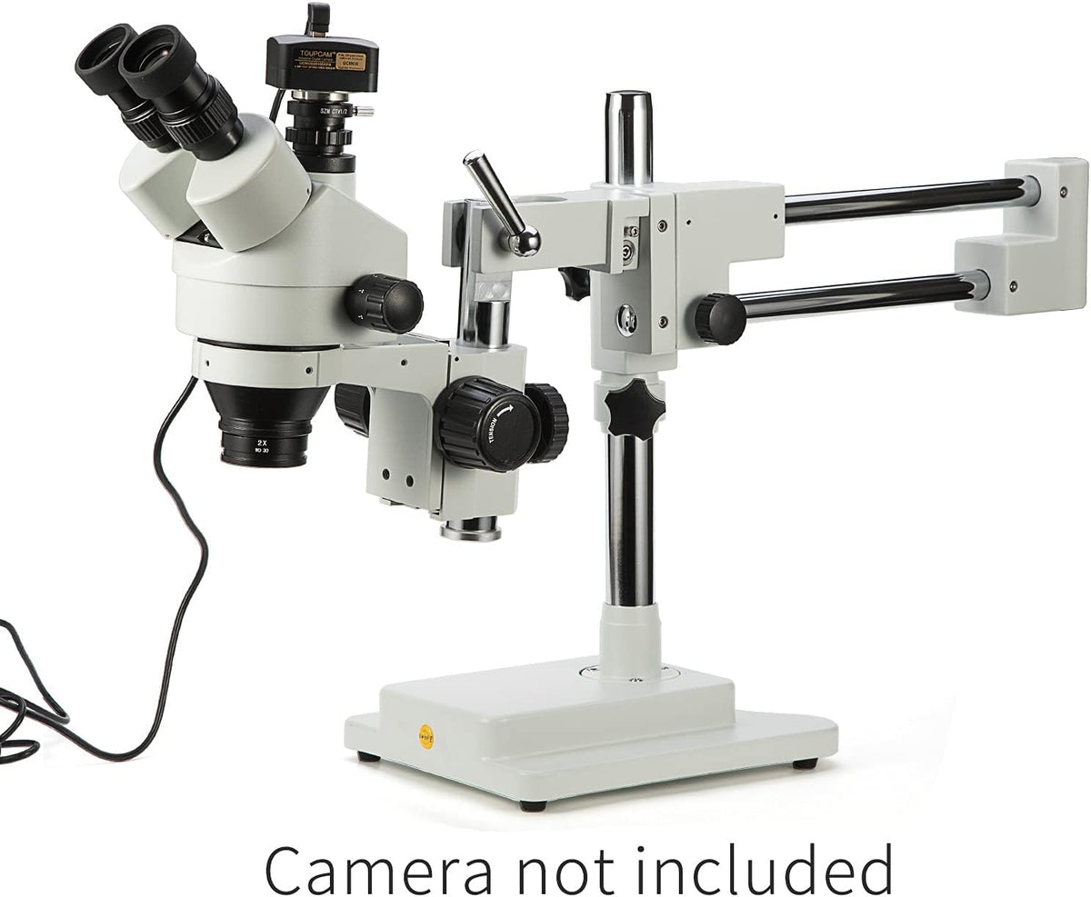 Simul-Focal Trinocular Stereo Zoom Microscope with WH10x Eyepieces, 0.7X-4.5X Objective, LED Ring Light, Double Arm Boom Stand, 0.5X and 2.0X Barlow Lens R69913